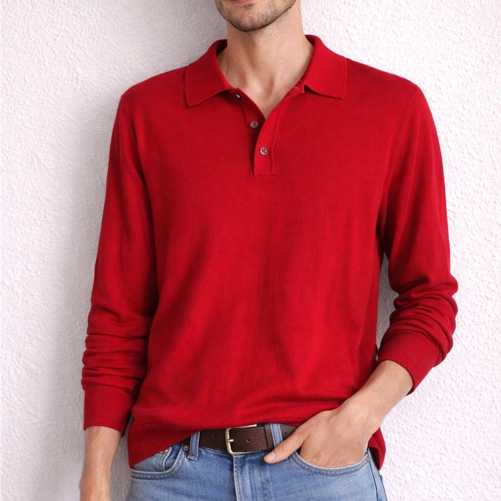 Jos A Bank Signature Polo Pullover Sweater XL 100% Italian Merino Wool Red
